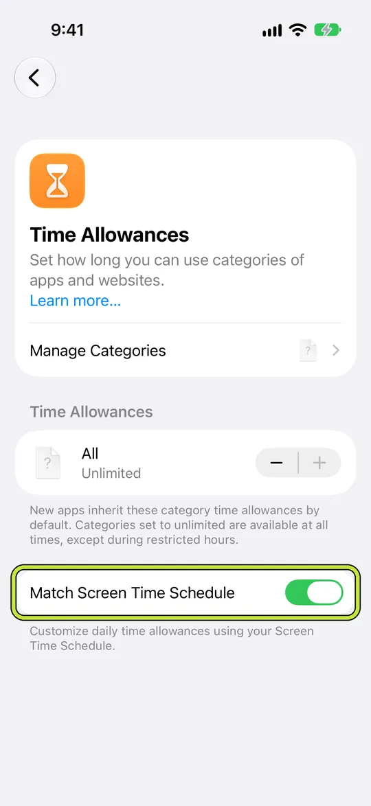 Time Allowances with Match Screen Time Schedule outlined