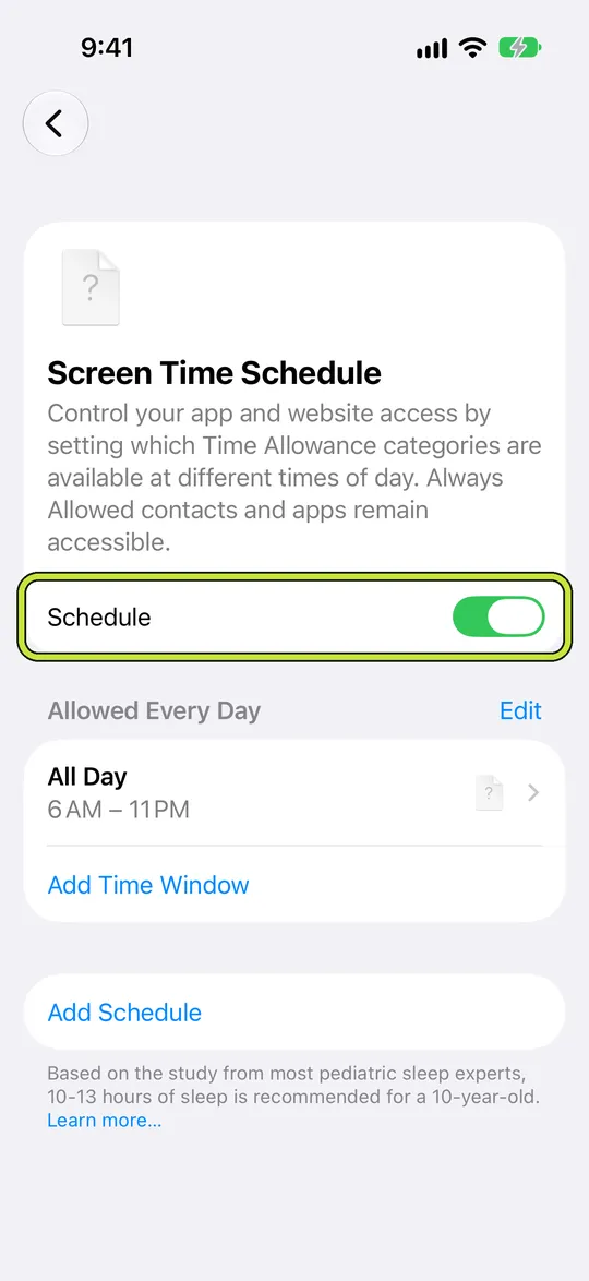 Screen Time Schedule with Schedule turned on