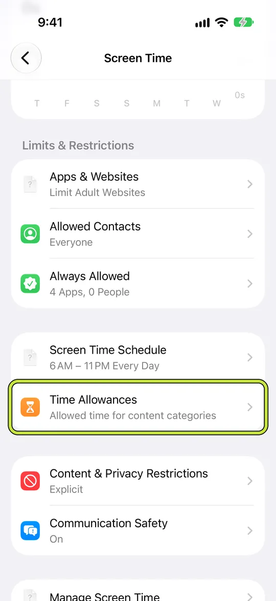 Screen Time settings with Time Allowances outlined