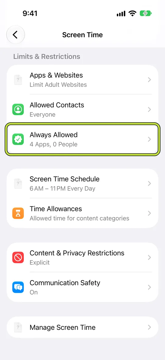 Screen Time settings with Always Allowed outlined