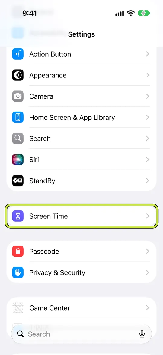 The Settings app with Screen Time outlined
