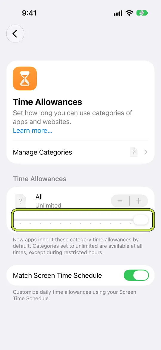 Time Allowances with the slider for All apps open