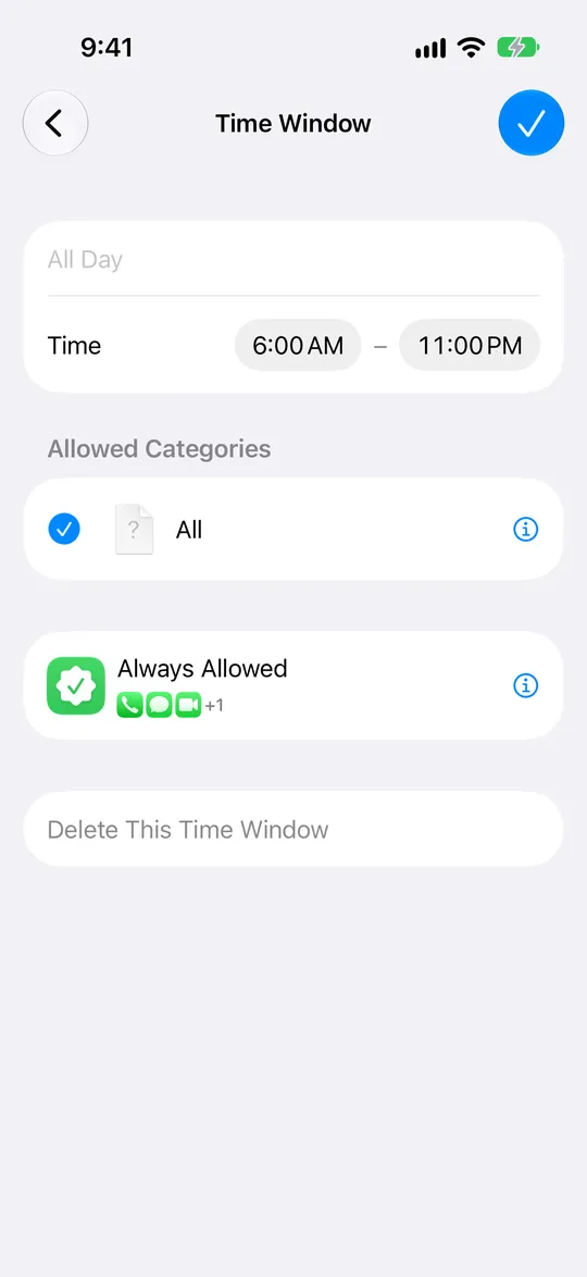 A time window with its start and end time and allowed categories