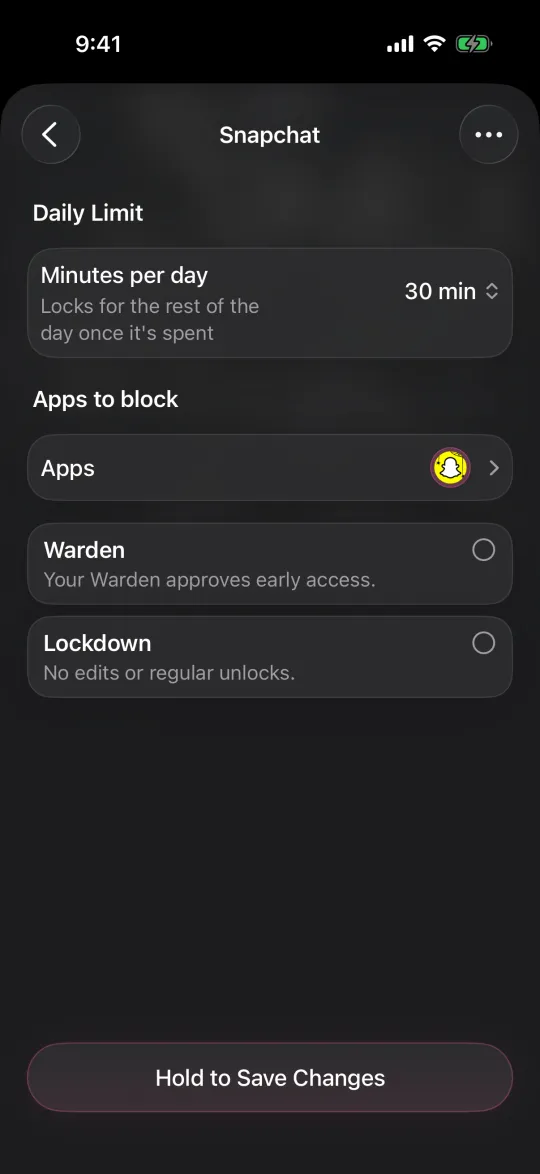 Editing a 30-minute daily limit, with Warden and Lockdown options