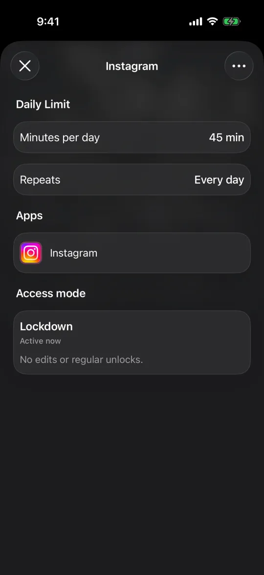 An Instagram limit in Lockdown, active now, with no edits or regular unlocks