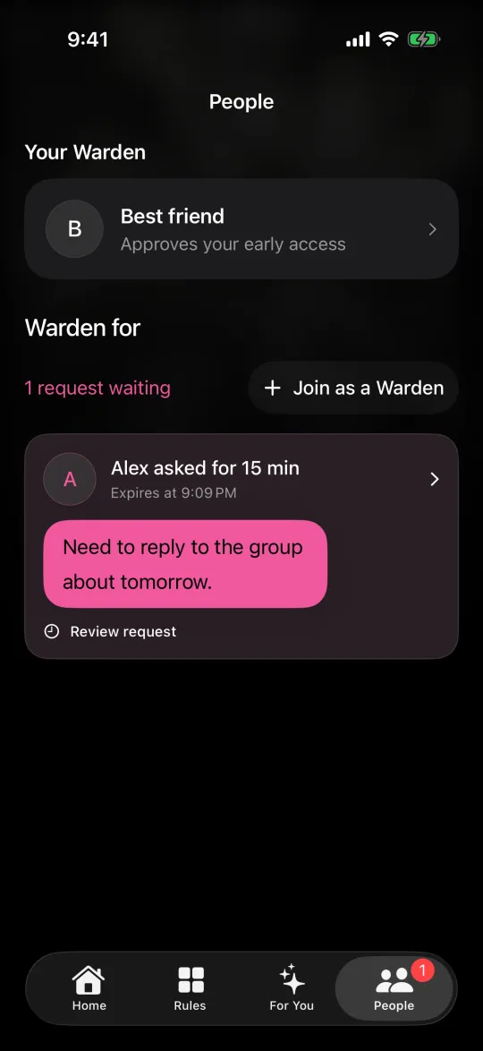 The People screen showing your Warden and a request from a friend