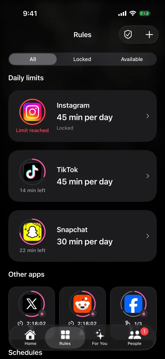 The Rules screen listing daily limits for Instagram, TikTok and Snapchat