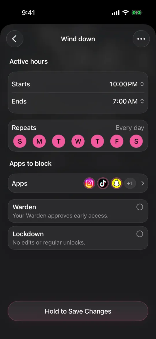 Editing a schedule that blocks apps from 10:00 PM to 7:00 AM every day