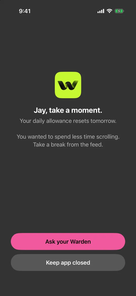 The block screen with Ask your Warden and Keep app closed buttons