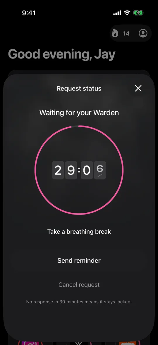 A request waiting for your Warden, with a 30-minute countdown