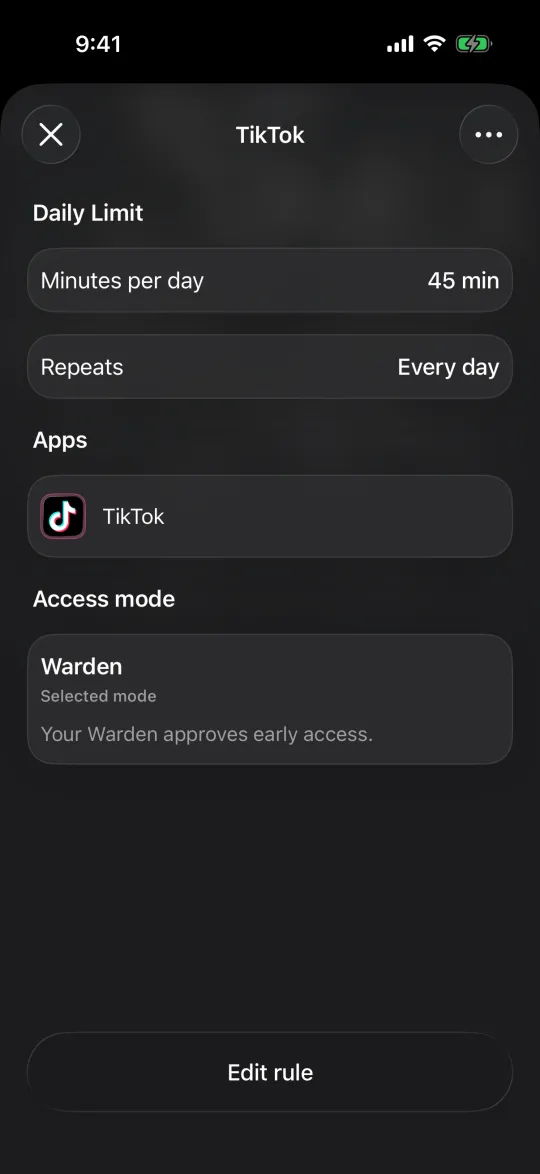 A TikTok limit in Warden mode, where your Warden approves early access
