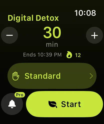 Warden on Apple Watch with a 30-minute digital detox ready to start