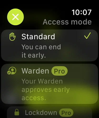 Choosing Standard, Warden or Lockdown for a detox on Apple Watch