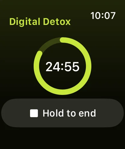 A digital detox running on Apple Watch, with the time left in a ring