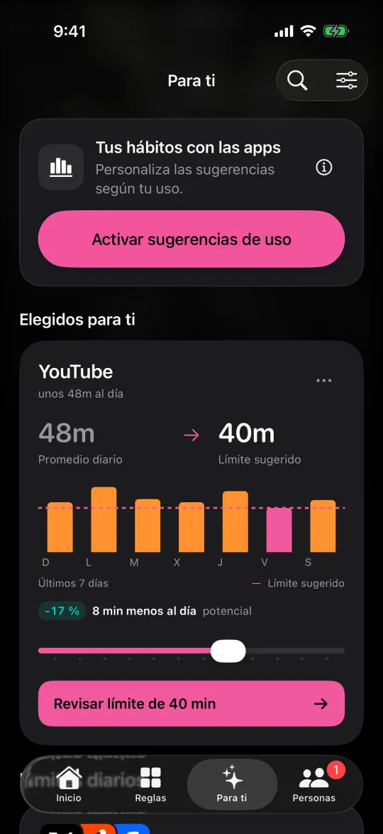 Para ti sugiriendo un límite diario más bajo para YouTube