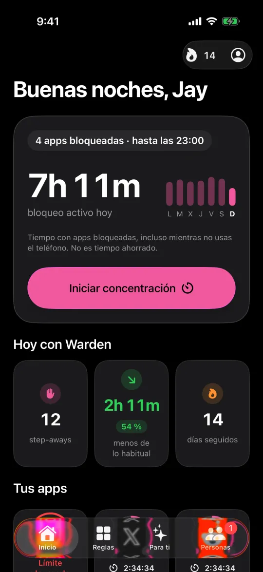 Inicio de Warden con apps bloqueadas, tiempo de bloqueo y una racha