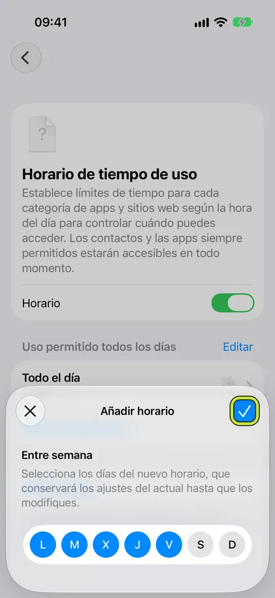 Añadir horario con los días de lunes a viernes seleccionados