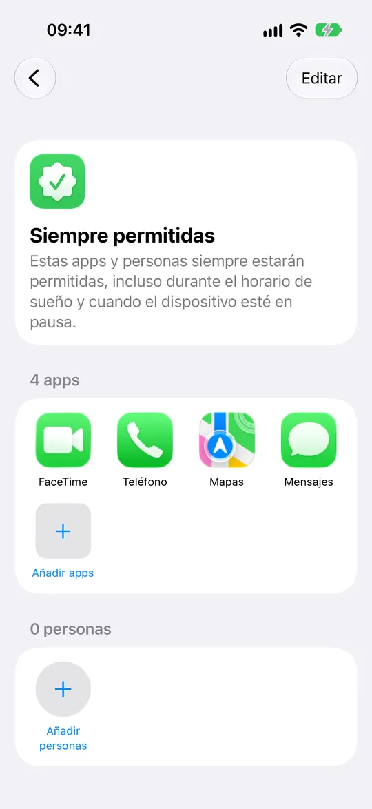 Siempre permitidas con la lista de apps, Añadir apps y Añadir personas