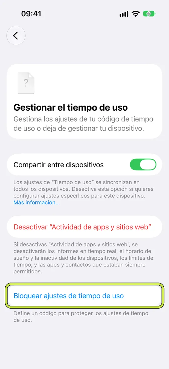 Gestionar el tiempo de uso con Bloquear ajustes de tiempo de uso marcado