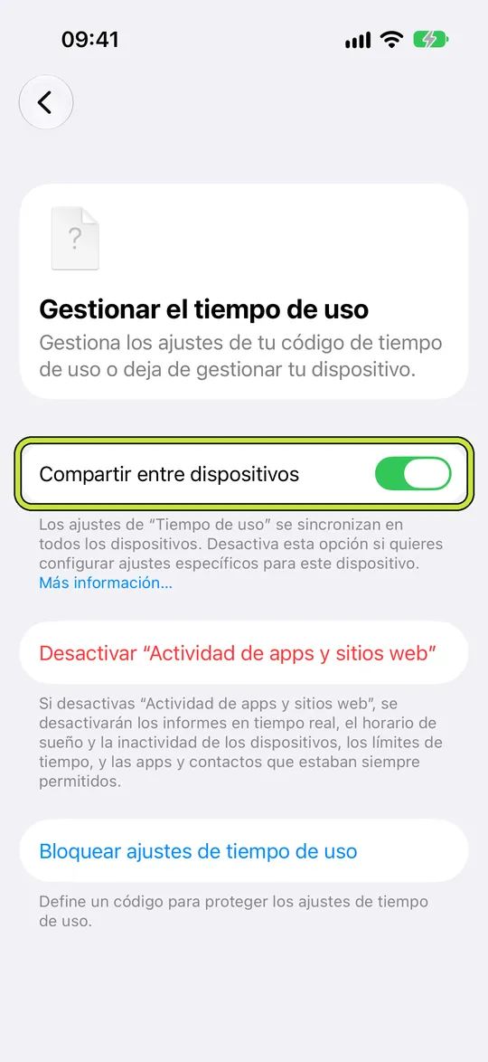 Gestionar el tiempo de uso con Compartir entre dispositivos marcado