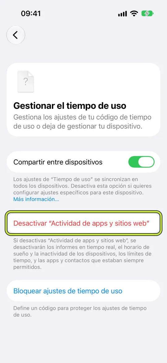 Gestionar el tiempo de uso con Desactivar “Actividad de apps y sitios web” marcado