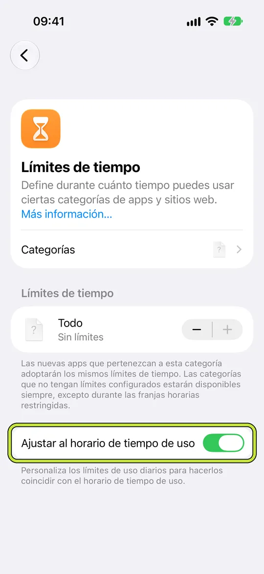 Límites de tiempo con Ajustar al horario de tiempo de uso marcado