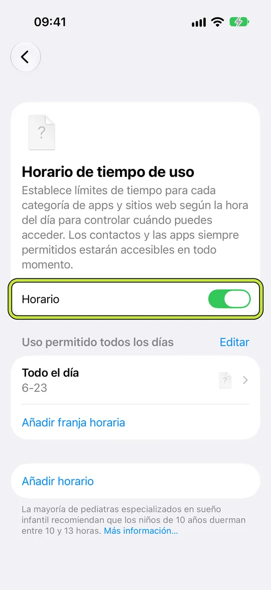 Horario de tiempo de uso con Horario activado