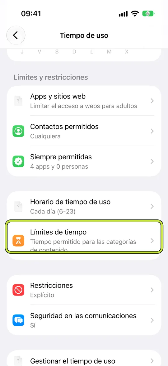 Los ajustes de Tiempo de uso con Límites de tiempo marcado