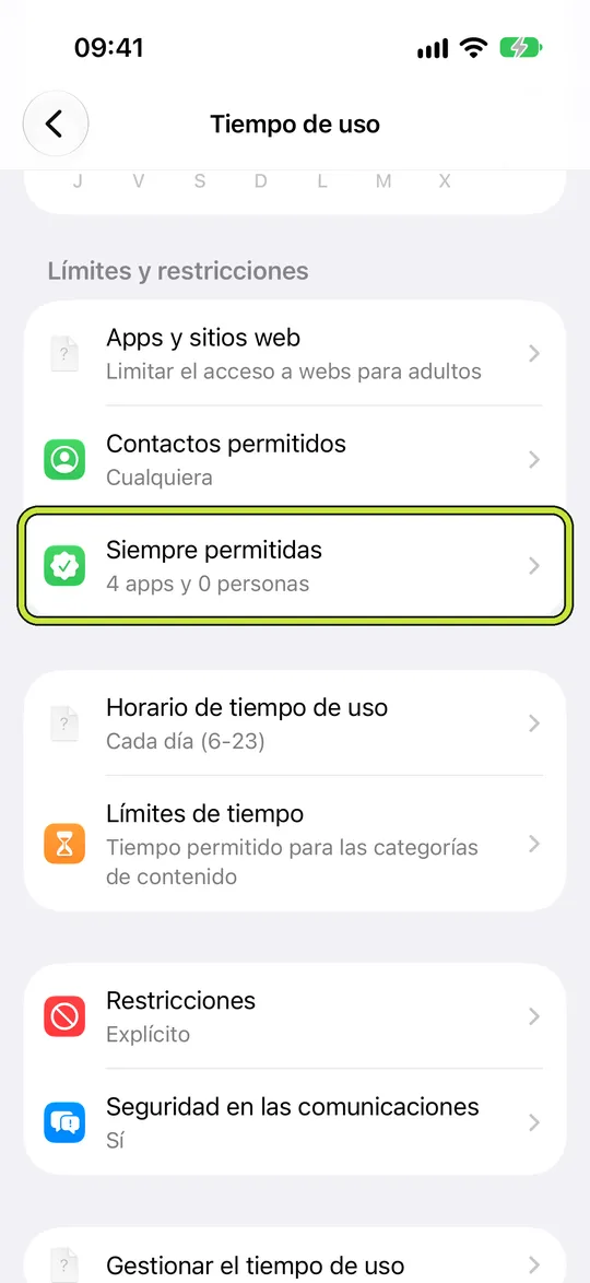 Los ajustes de Tiempo de uso con Siempre permitidas marcado