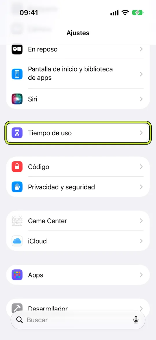La app Ajustes con Tiempo de uso marcado