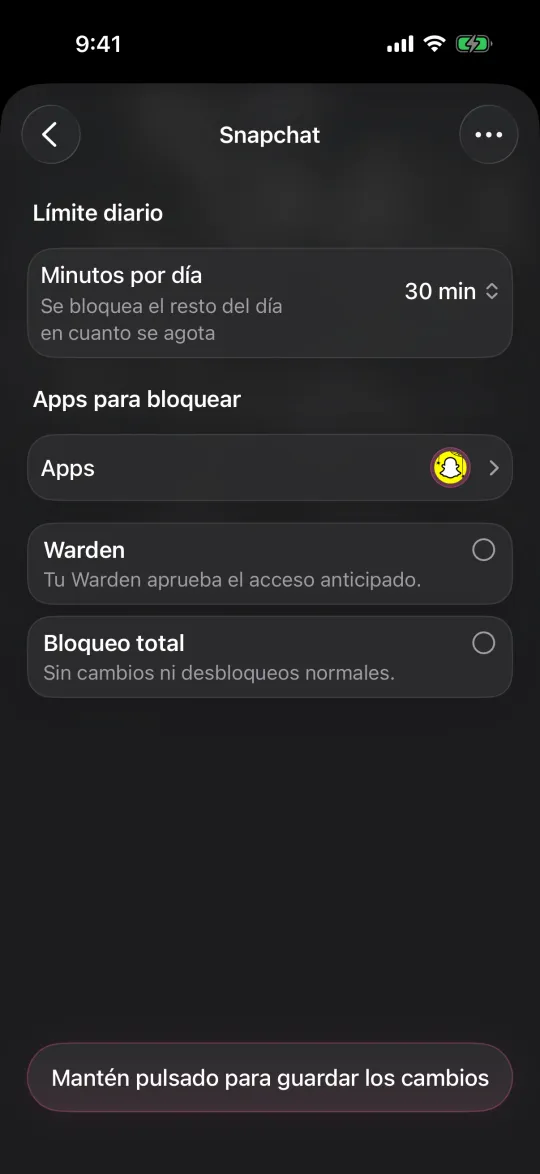Editar un límite diario de 30 minutos, con las opciones Warden y Bloqueo total