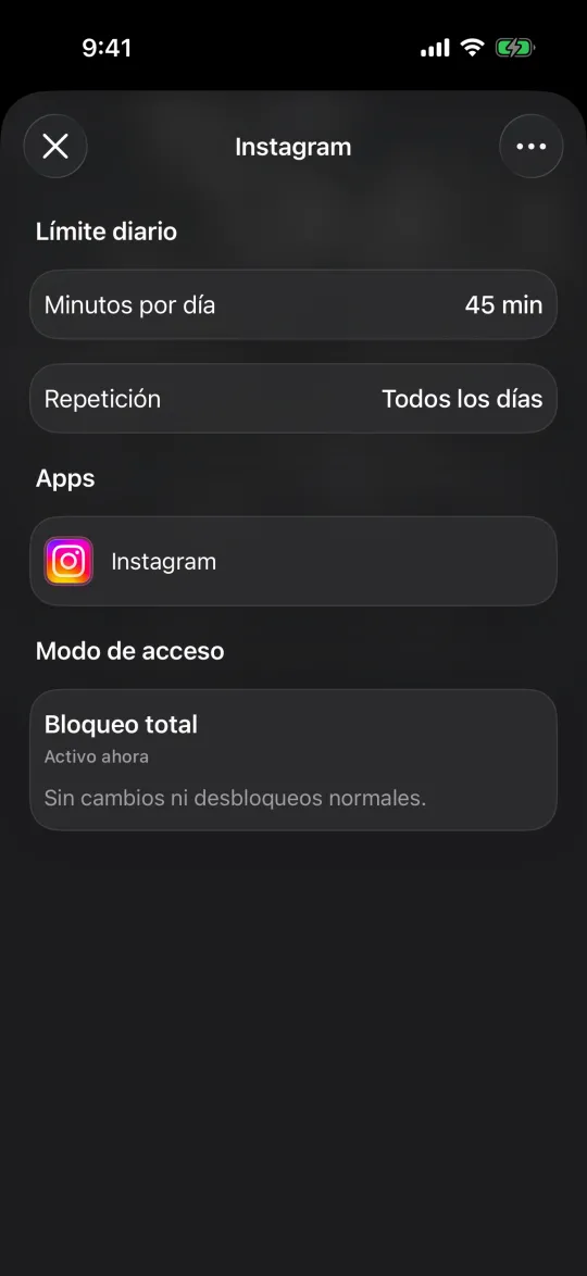 Un límite de Instagram en Bloqueo total, activo ahora, sin cambios ni desbloqueos normales