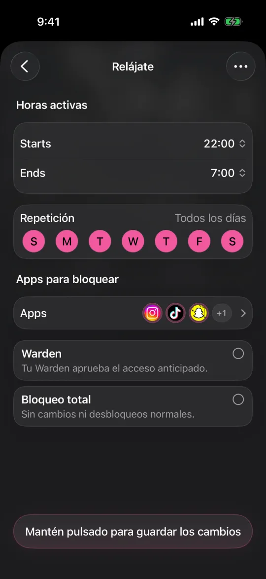 Editar un horario que bloquea apps de 22:00 a 7:00 todos los días