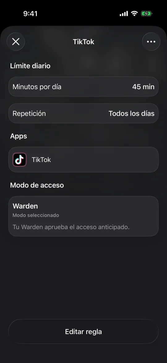 Un límite de TikTok en modo Warden, en el que tu Warden aprueba el acceso anticipado