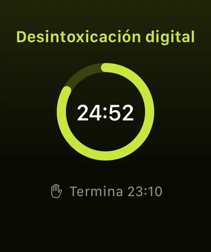 Una desintoxicación digital en curso en el Apple Watch, con el tiempo restante en un anillo