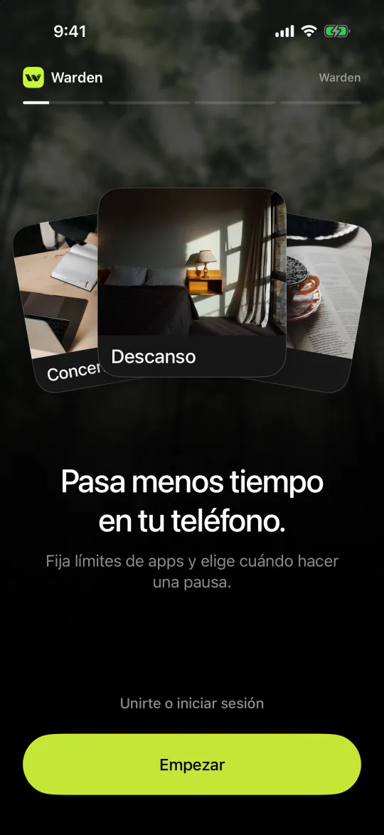 La primera pantalla de Warden, con el botón Empezar