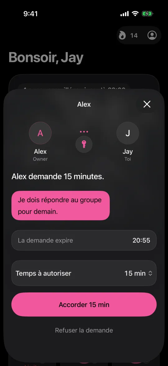 La vue de votre Warden pour une demande de 15 minutes, avec Approuver et Refuser