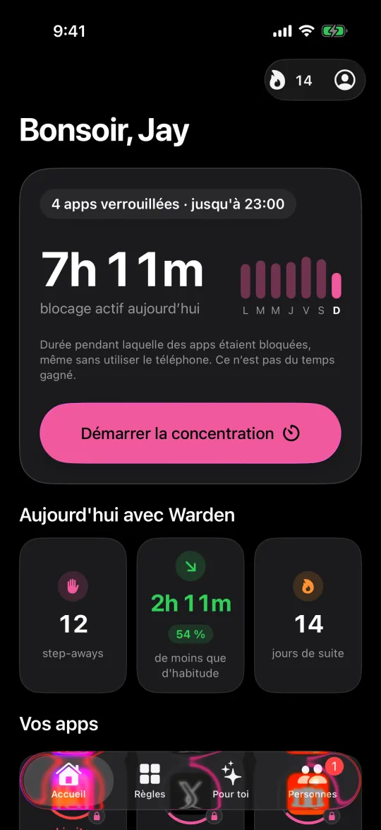 L’accueil de Warden avec des apps verrouillées, le temps de blocage et une série