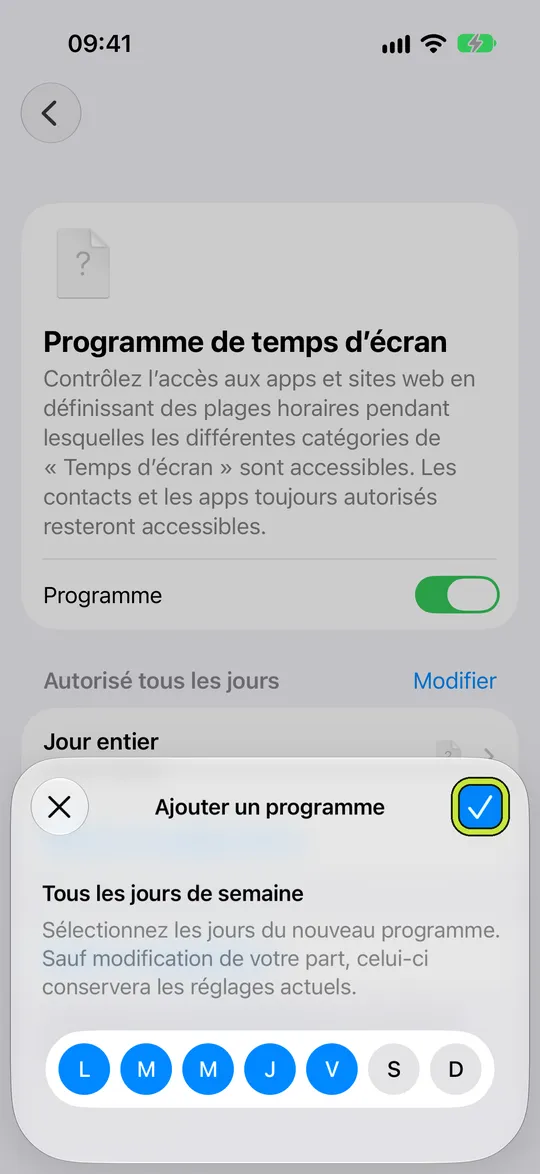 « Ajouter un programme » avec les jours du lundi au vendredi sélectionnés