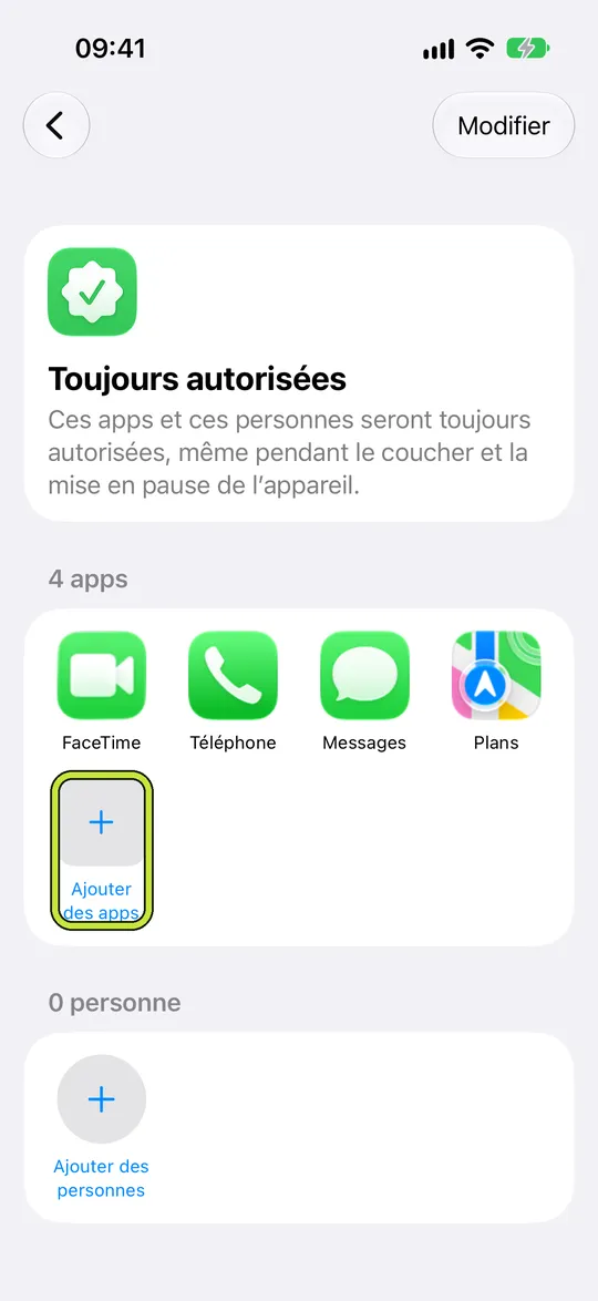 « Toujours autorisées » avec « Ajouter des apps » entouré
