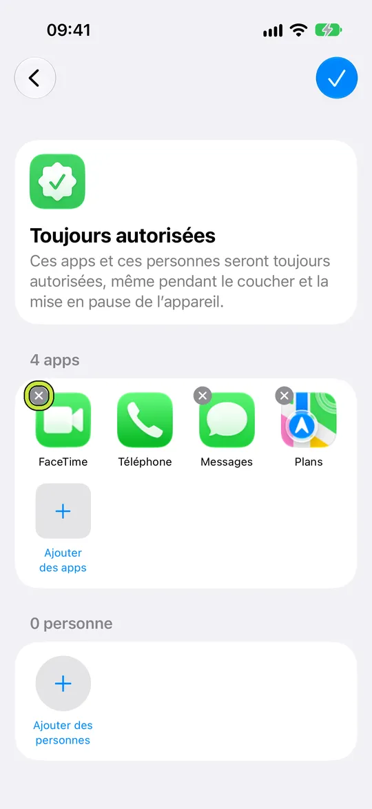 « Toujours autorisées » en mode modification, avec les boutons de suppression sur les apps