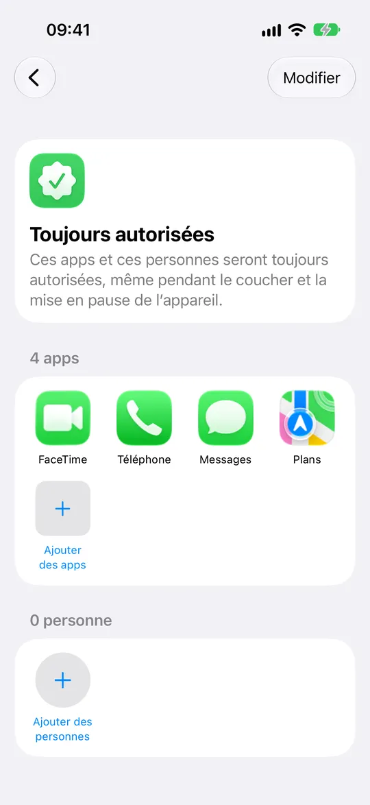 « Toujours autorisées » avec la liste des apps, « Ajouter des apps » et « Ajouter des personnes »
