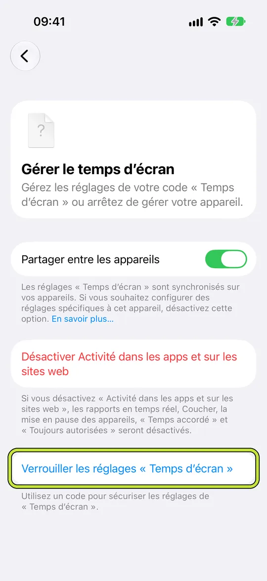 « Gérer le temps d’écran » avec « Verrouiller les réglages Temps d’écran » entouré