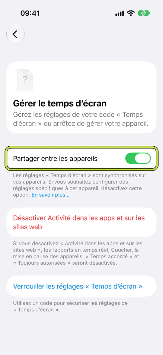 « Gérer le temps d’écran » avec « Partager entre les appareils » entouré