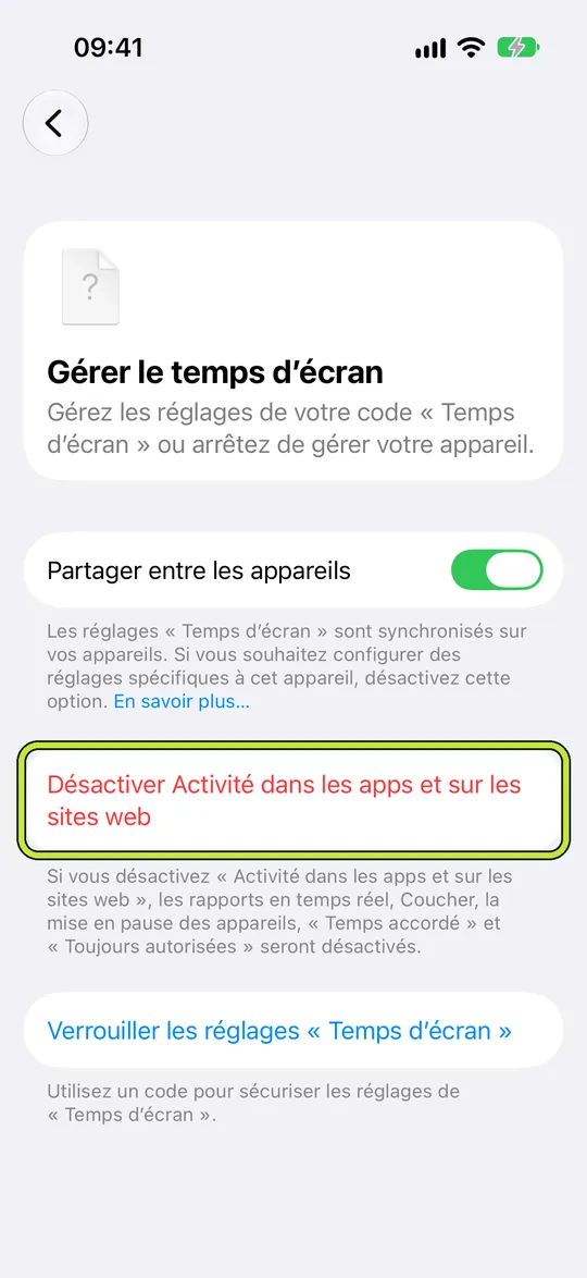 « Gérer le temps d’écran » avec « Désactiver Activité dans les apps et sur les sites web » entouré