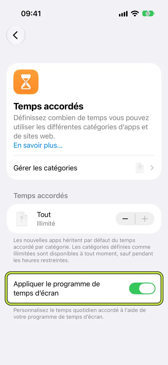 « Temps accordés » avec « Appliquer le programme de temps d’écran » entouré
