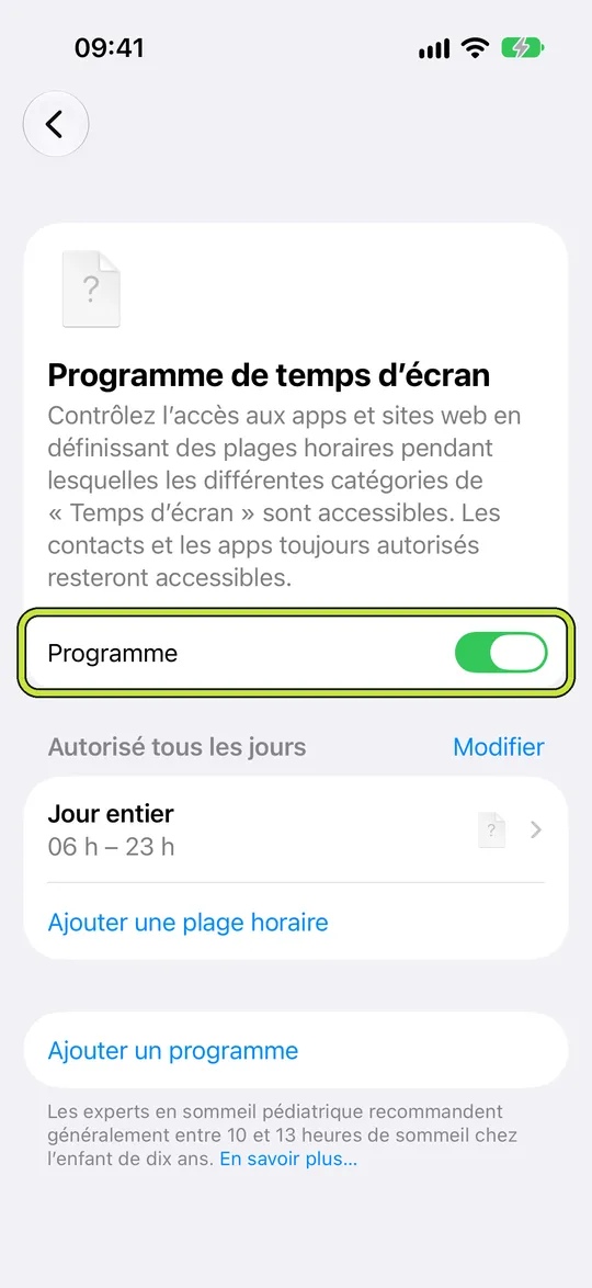 « Programme de temps d’écran » avec « Programme » activé