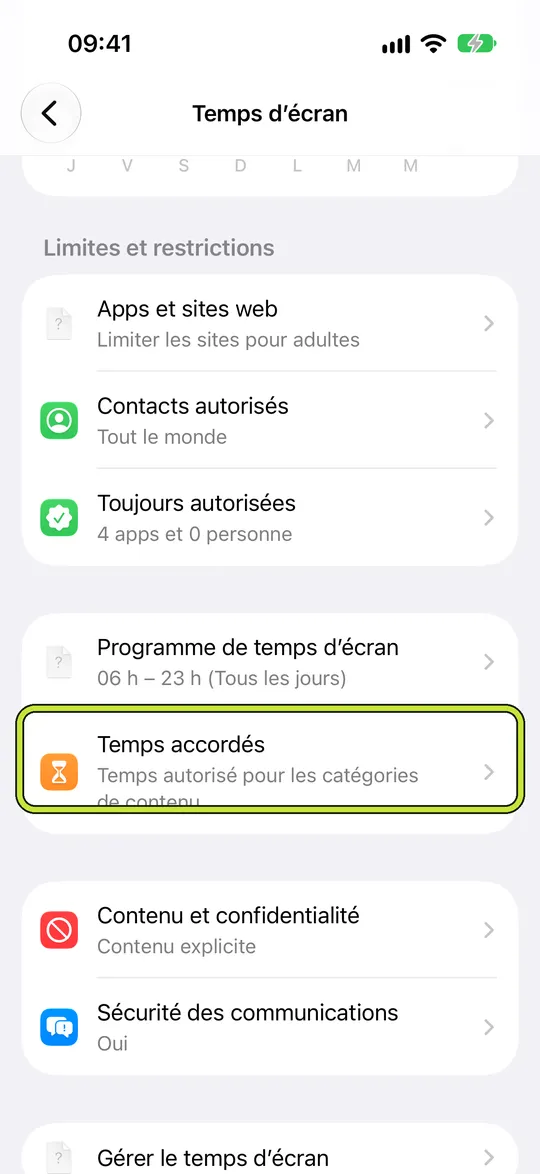 Les réglages Temps d’écran avec « Temps accordés » entouré