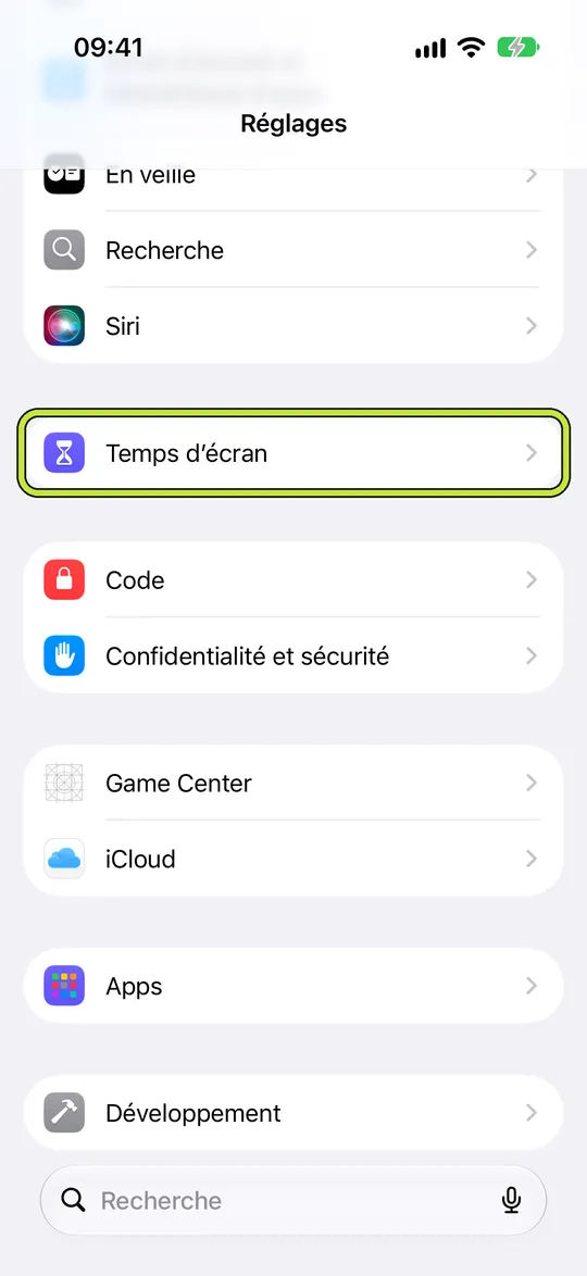 L’app Réglages avec « Temps d’écran » entouré