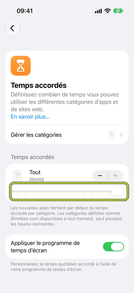 « Temps accordés » avec le curseur de « Tout » ouvert